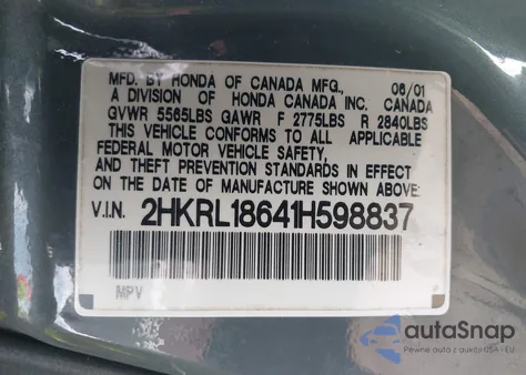 2001 Honda Odyssey Ex from USA, damaged, VIN 2HKRL18641H598837